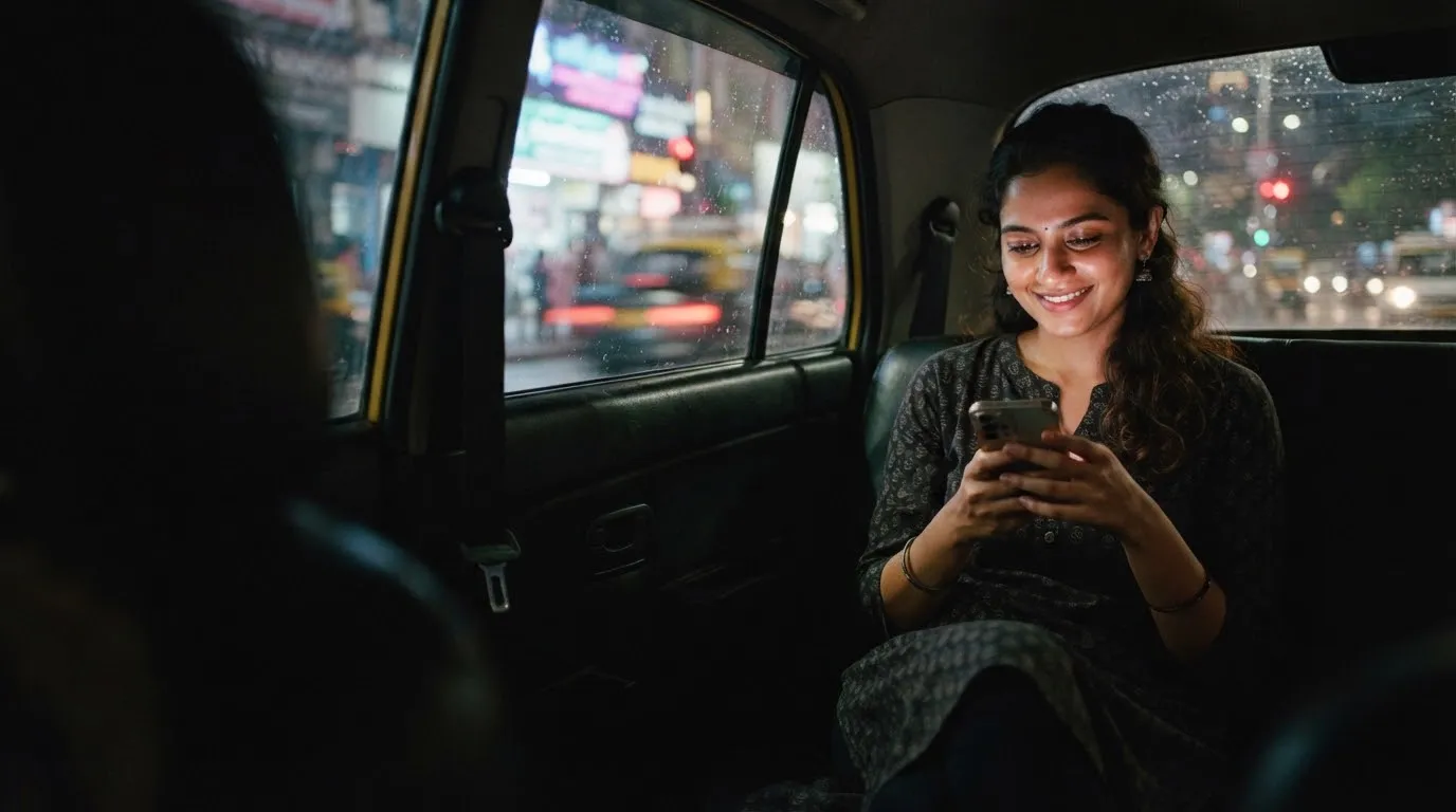 A woman smiling at her phone in a cab at night