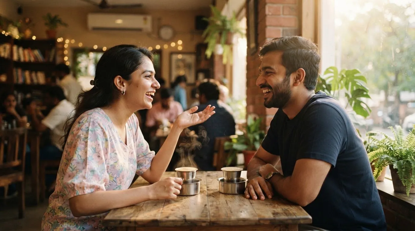 Two people laughing on a first date over filter coffee