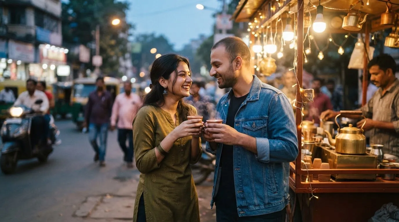 Two people sharing kulhad chai at a roadside stall in the evening