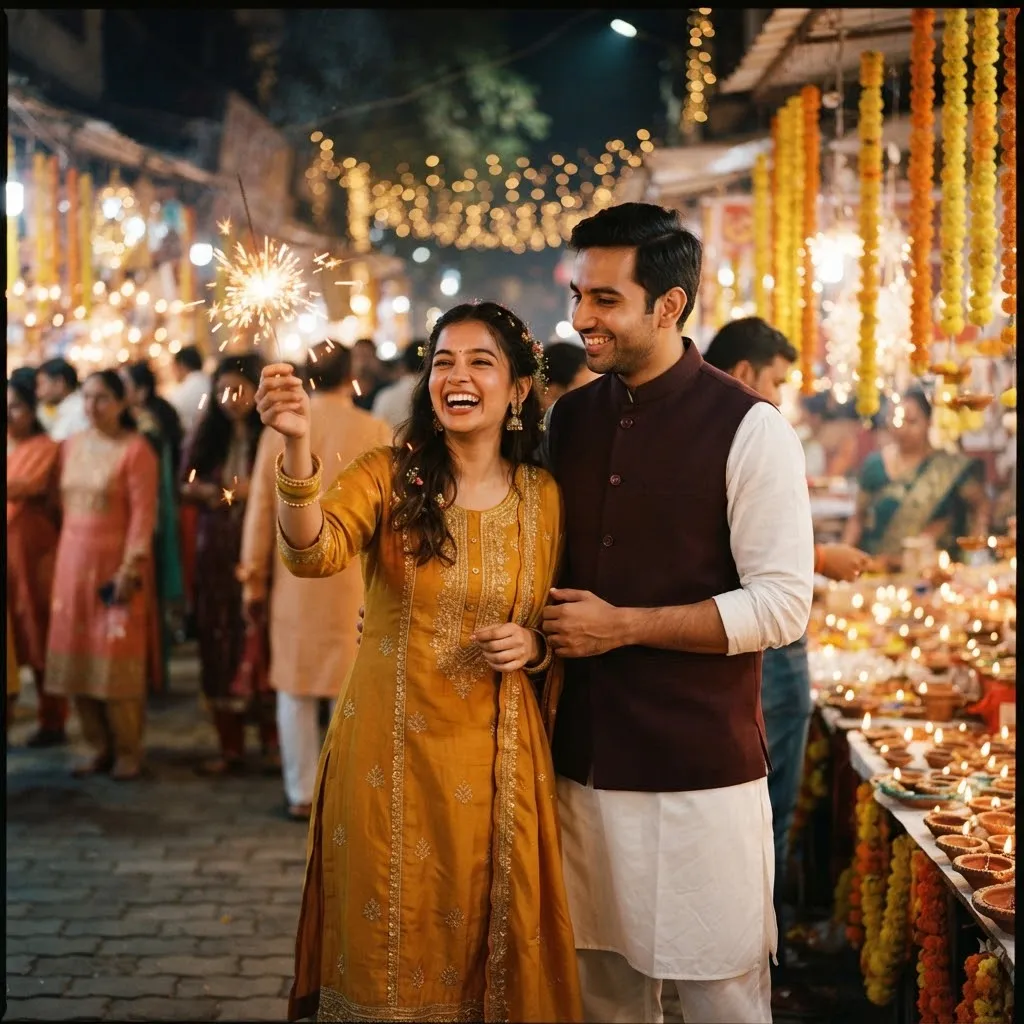 Two people at a Diwali night market