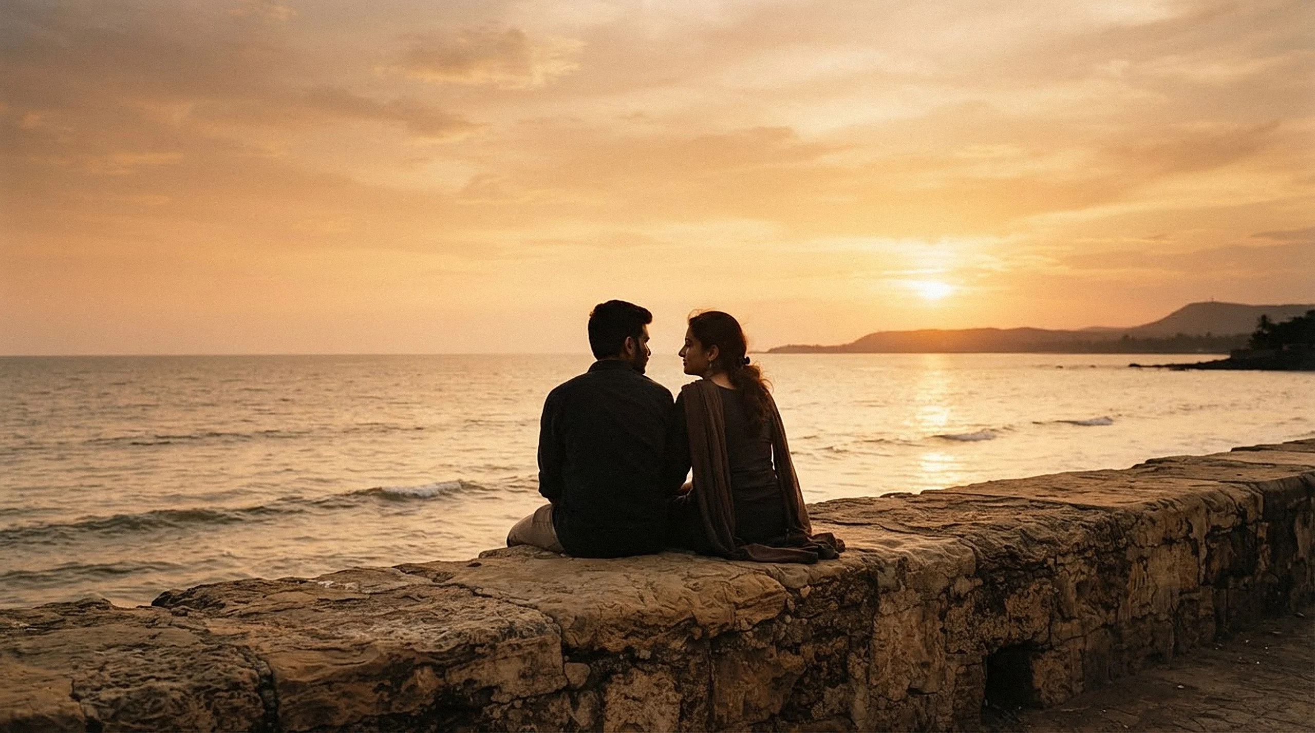 A couple sitting on a sea wall at sunset